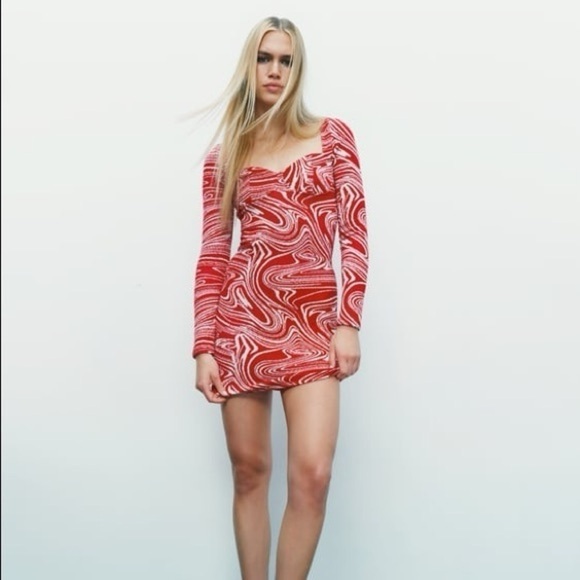 NWOT Zara Women's Long Sleeve Mini Dress Sweater Jacquard Swirl Print Red Small - Picture 1 of 7